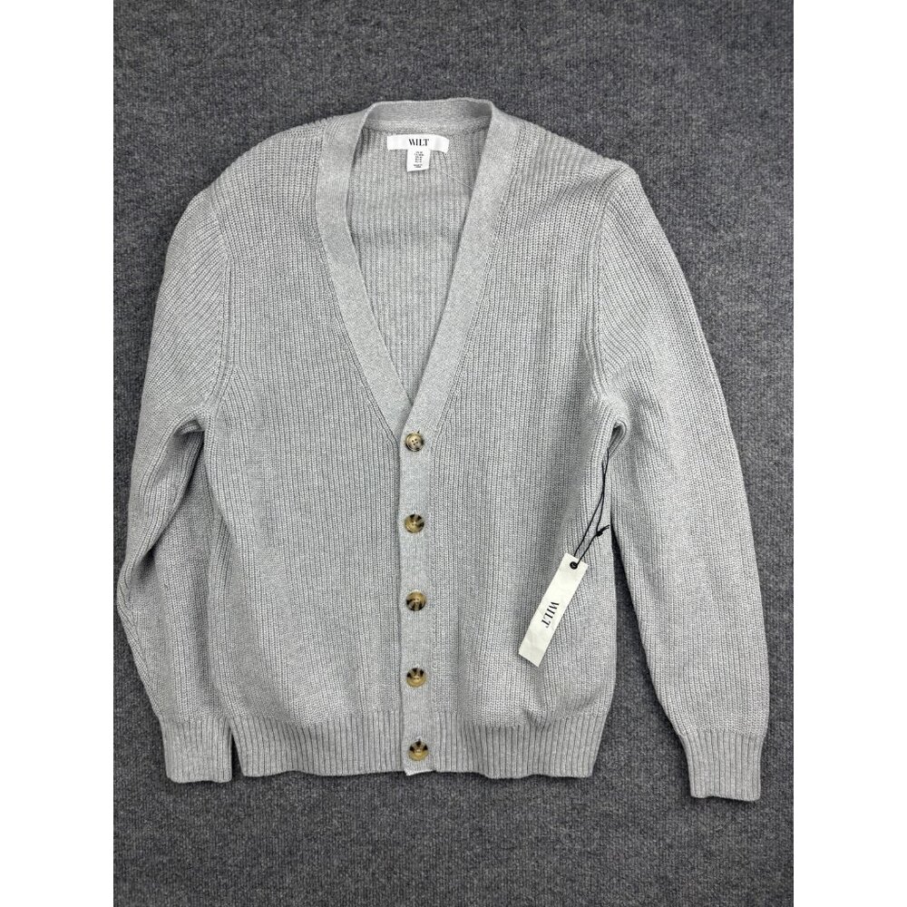 Wilt Cardigan Sweater Womens Medium Gray 100% Cotton V‎ Neck Button Knit Pockets